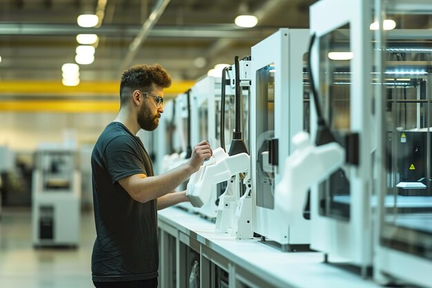 Photo une usine de prototypes d'impression 3d, des imprimantes 3d avancées, des logiciels de conception et du stockage de matériaux.