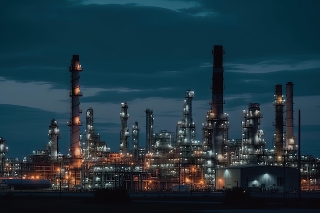 Usine de raffinerie de pétrole la nuit Illustration de la zone industrielle pétrolière et gazière ai générative