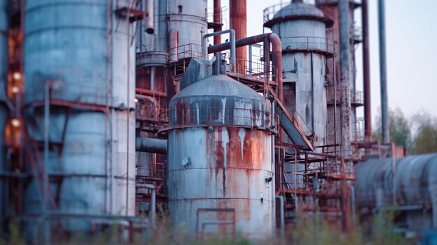 Une usine avec une structure en métal rouillé et un ciel bleu