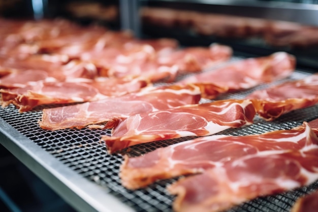 Usine de transformation de la viande tranches de bacon frais et tranches de menthe sur un tapis roulant dans l'atelier arrivée de jambon ou de viandes froides production de viande de porc ou de bœuf dans une entreprise moderne