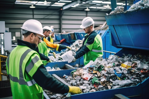 Usine de tri des déchets De nombreux convoyeurs et bunkers différents Les ouvriers trient les déchets sur le convoyeur Élimination et recyclage des déchets Usine de recyclage des déchets