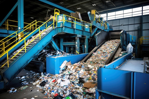 Usine de tri des déchets Nombreux convoyeurs différents et convoyeurs de bacs remplis de divers déchets ménagers Élimination et recyclage des déchets Usine de traitement des déchets