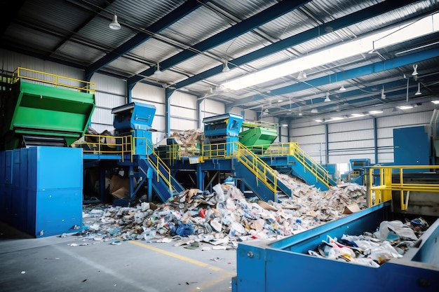 Usine de tri des déchets Nombreux convoyeurs différents et convoyeurs de bacs remplis de divers déchets ménagers Élimination et recyclage des déchets Usine de traitement des déchets