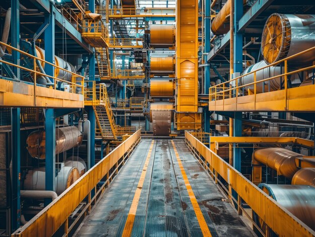 Photo une usine avec des tuyaux bleus et jaunes et des machines