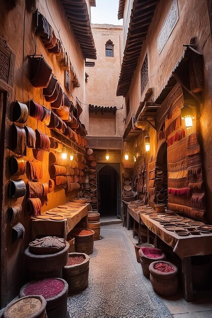 Photo les usines de cuir marocaines artisanales anciennes à la médina de fès