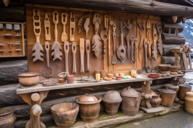 Des ustensiles en bois sculptés à la main sur un stand à l'extérieur d'une cabine