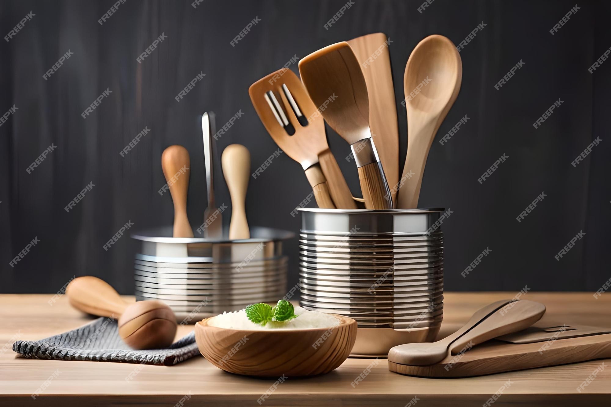 Ustensiles De Cuisine Dans Une Boîte Avec Une Cuillère En Bois Et