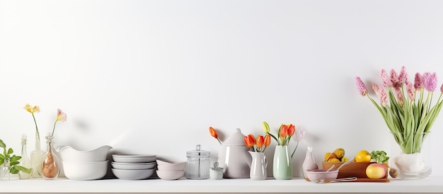 Ustensiles de cuisine et décorations sur le thème de Pâques soigneusement exposés sur une étagère ou un comptoir blanc