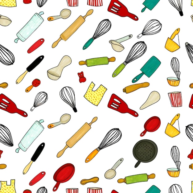 Photo des ustensiles de cuisine ludiques à motifs sans couture