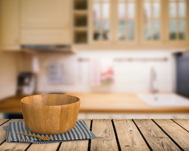 Ustensiles de cuisine de rendu 3D sur comptoir en bois avec arrière-plan flou de cuisine