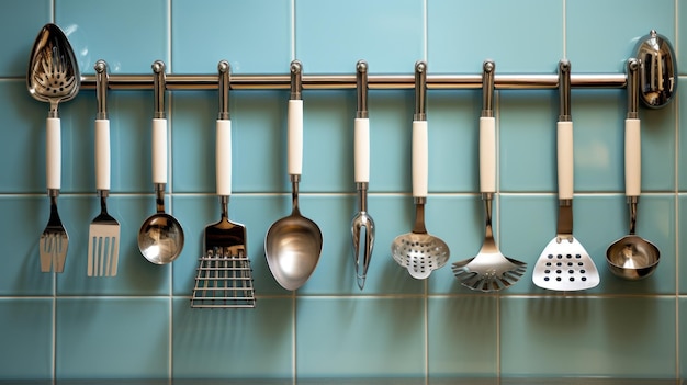 Photo les ustensiles de cuisine sont accrochés au mur en carreaux.