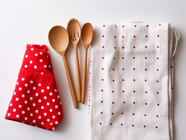 ustensiles de cuisine sur table blanche avec torchon rouge généré ai