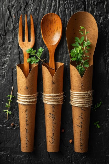 ustensiles de table jetables respectueux de l'environnement fabriqués en bois sur fond de bois le concept de recyclage