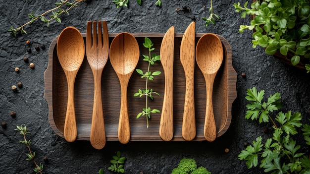 ustensiles de table jetables respectueux de l'environnement fabriqués en bois sur fond de bois le concept de recyclage