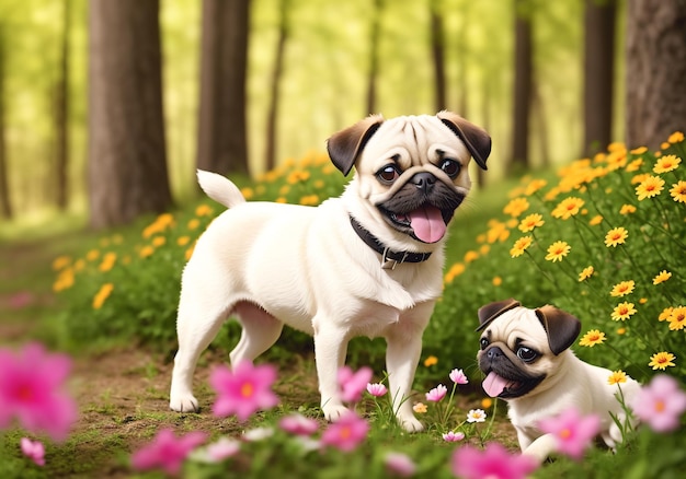 Ute pug dog debout dans le champ de fleurs et regardant la caméra