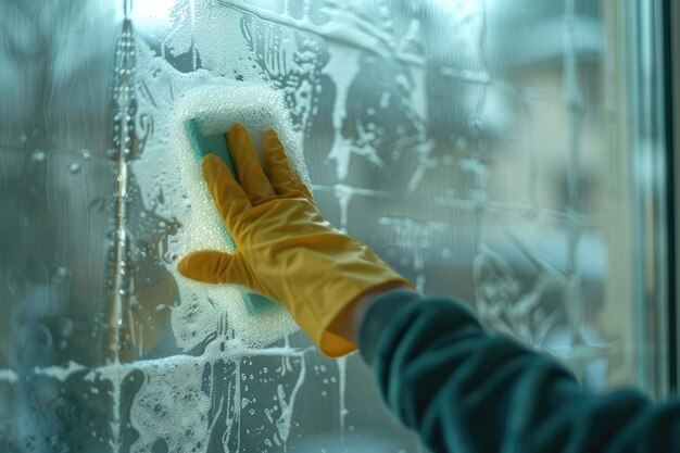 Photo en utilisant des gants en caoutchouc jaune, la personne nettoie une fenêtre en verre avec une éponge trempée dans l'eau.