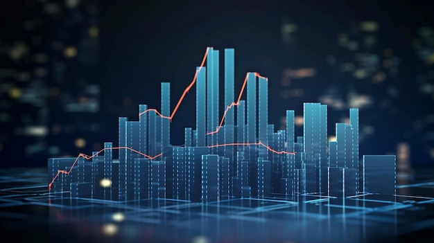 En utilisant des graphiques de graphiques financiers numériques et une représentation 3D, une image en perspective de la croissance du marché boursier, des investissements de l'entreprise et de l'idée des données est montrée.