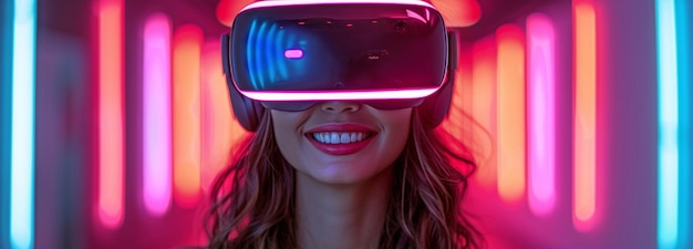 Utilisant des néons de couleurs mixtes à la maison, une femme adulte qui diffuse des jeux sur les médias sociaux porte des lunettes de réalité virtuelle pour s'amuser.