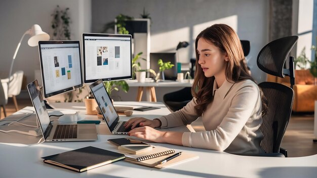 Utilisant un ordinateur portable et un bloc-notes jeune femme indépendante travaillant à l'intérieur dans le bureau pendant la journée