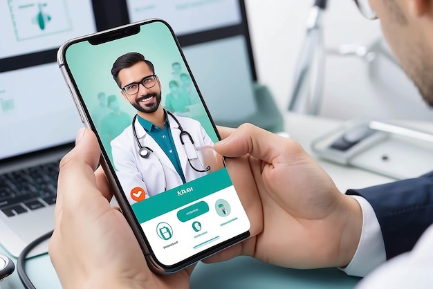 Utilisateur vidéo appelant un médecin en utilisant une application de soins de santé sur son smartphone et une équipe médicale professionnelle connectée concept de consultation médicale en ligne
