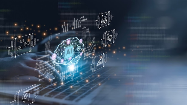 Les utilisateurs utilisent l'apprentissage automatique par l'intelligence artificielle sur des écrans virtuels avec de grandes données et du code informatique.