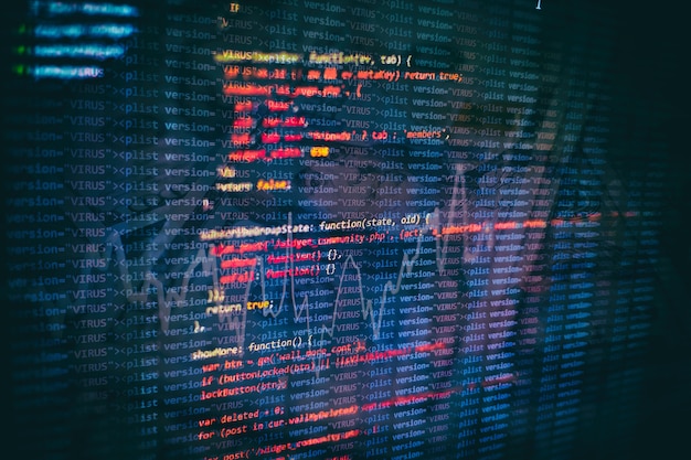 Utilisation de CSS, JavaScript et HTML. Surveiller le gros plan du code source de la fonction. Contexte abstrait de la technologie informatique. Code source du logiciel.