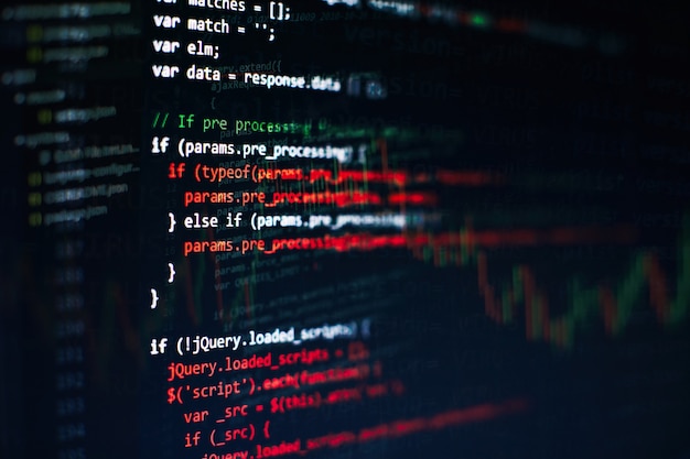 Utilisation de CSS, JavaScript et HTML. Surveiller le gros plan du code source de la fonction. Contexte abstrait de la technologie informatique. Code source du logiciel.