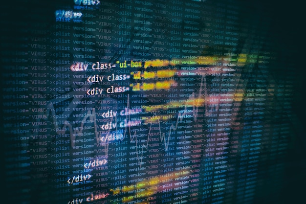 Utilisation de CSS, JavaScript et HTML. Surveiller le gros plan du code source de la fonction. Contexte abstrait de la technologie informatique. Code source du logiciel.