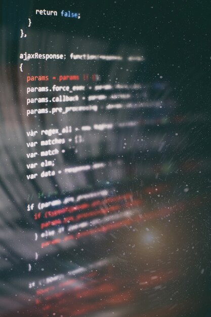 Utilisation de CSS, JavaScript et HTML. Surveiller le gros plan du code source de la fonction. Contexte abstrait de la technologie informatique. Code source du logiciel.