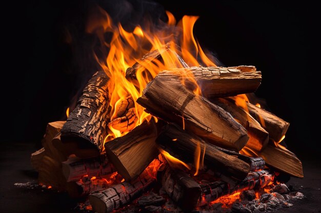 Utilisation du feu Feu de joie isolé sur fond blanc Vue rapprochée d'une pile de bois de chauffage brûlant avec des oranges
