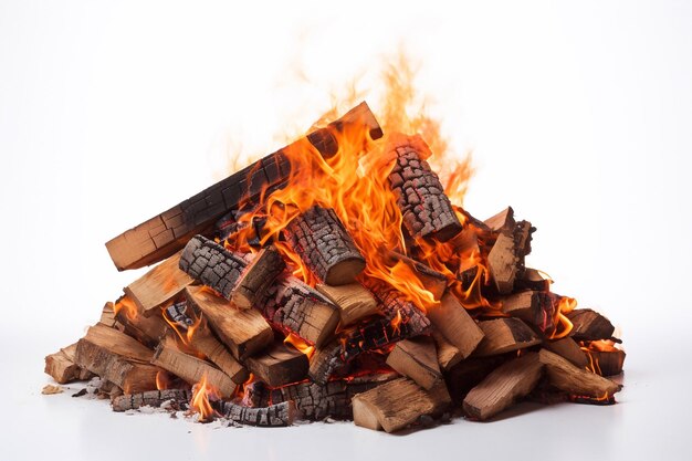 Utilisation du feu Feu de joie isolé sur fond blanc Vue rapprochée d'une pile de bois de chauffage brûlant avec des oranges