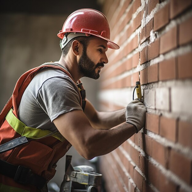 Utilisation de l'outil de niveau sur la structure en briques