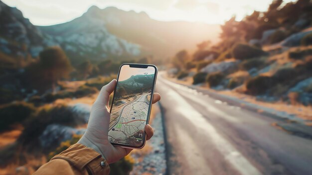 Photo utiliser une application de carte sur un smartphone pour naviguer à travers un magnifique paysage de montagne