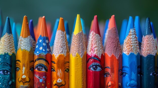 Photo utiliser des crayons de couleur avec des visages pour symboliser une famille multinationale et l'égalité mondiale