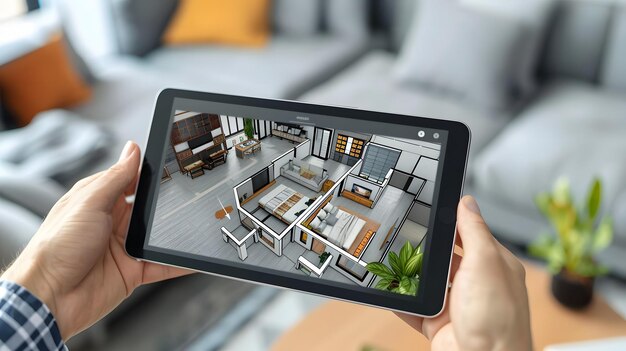 Photo utiliser la réalité augmentée sur une tablette pour planifier l'aménagement intérieur d'une pièce