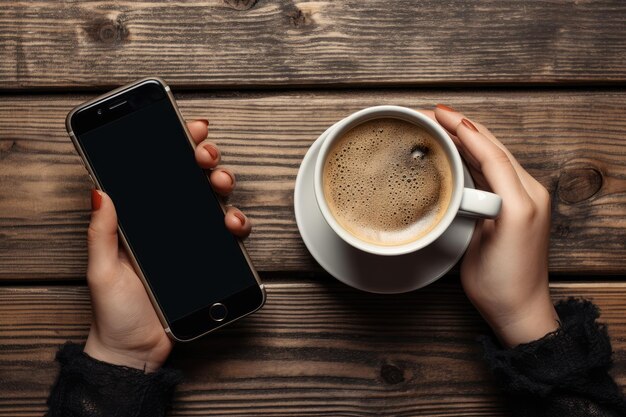 Utiliser un téléphone noir avec une tasse de café