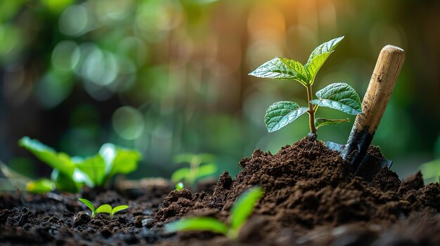 Utilisez de l'équipement de taille pour mettre une petite plante au sommet d'un monticule de râpe de terre et d'espace IA générative