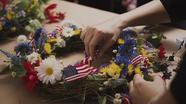 Utilisez des matériaux naturels tels que des branches de fleurs et des feuilles pour créer une belle couronne symbolique qui représente l'esprit du Memorial Day Généré par l'IA