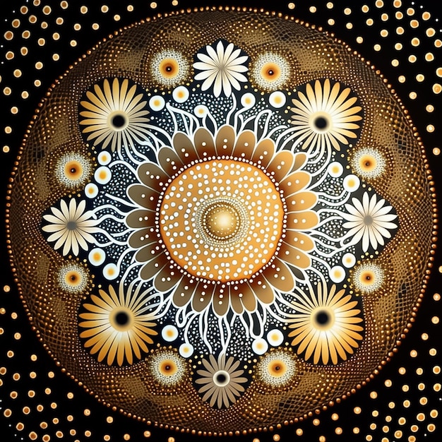 Œuvre d'art aborigène australienne d'un symbolisme ancien complexe, couleurs lumineuses blanches dorées générées par l'IA