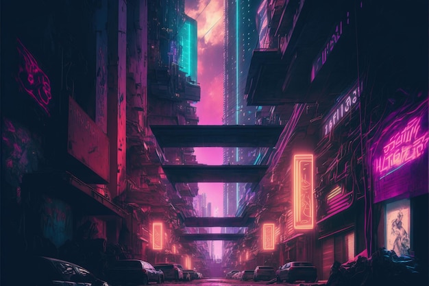 Œuvre d'art sur le thème Scifi représentant une scène nocturne d'une vieille rue dans une métropole futuriste Concept fantastique Peinture d'illustration AI générative