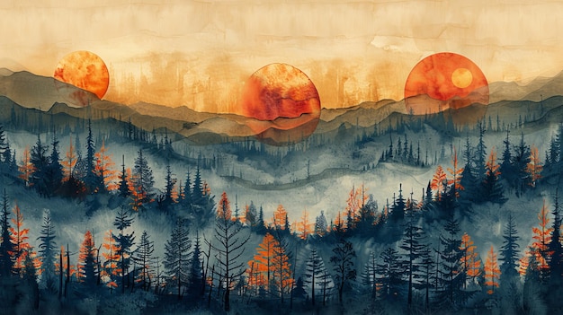 Œuvres d'art avec des motifs géométriques modernes Texture d'aquarelle bleue et orange avec fond de paysage de montagne Thème marin