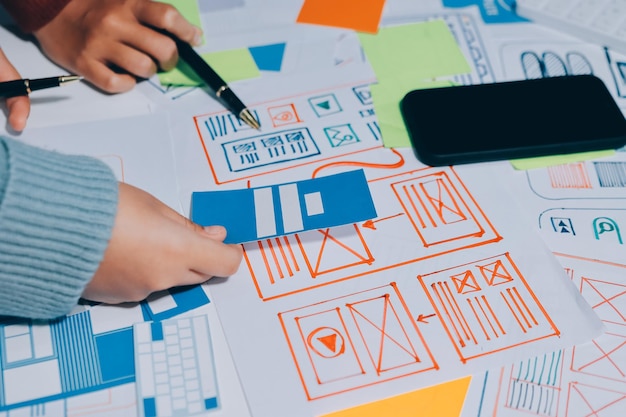 UX UI designer testing prototype on a phone discussing and brainstorming on wireframes for a website and mobile app prototype in the concept of website and mobile application design concept