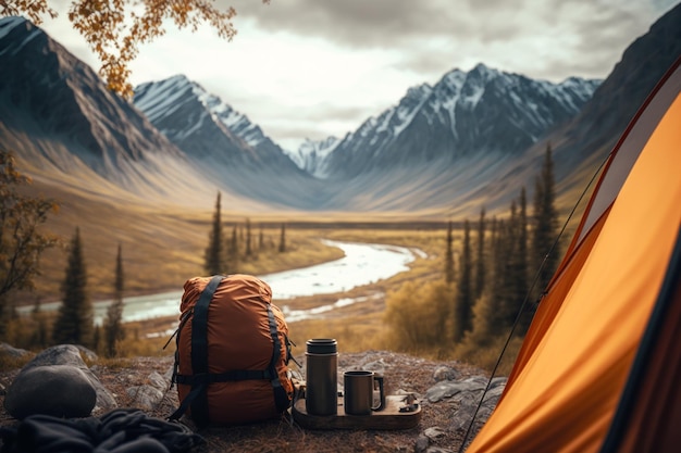 Vacances actives dans la tente de camp de montagne sur fond de paysage de montagne Generative AI