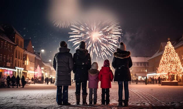 Vacances du Nouvel An Famille heureuse parents et filles enfants filles regardent des feux d'artifice sur la neige