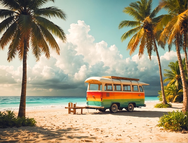 Des vacances d'été avec un bus garé sur la plage