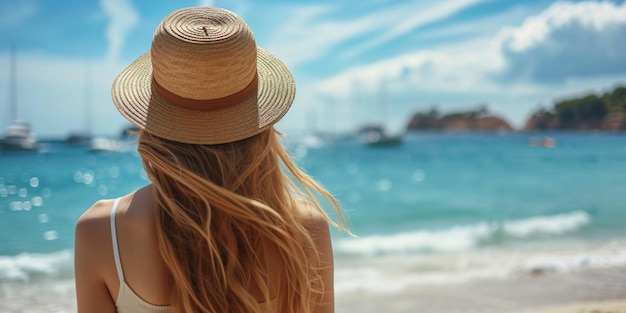 Vacances d'été en France Vue arrière d'une jeune dame avec de longues serrures et une casquette sur la côte méditerranéenne française