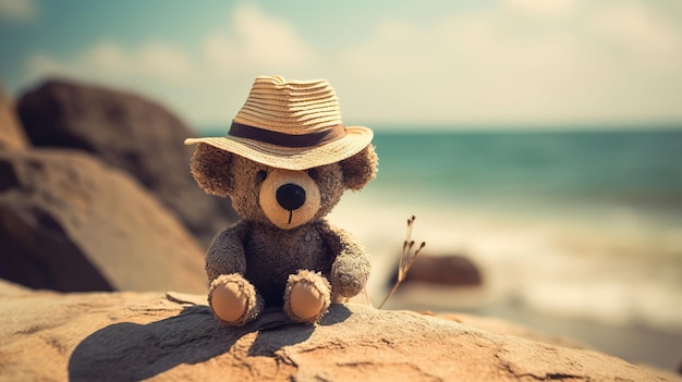 Vacances d'été Ours en peluche à la plage généré par l'IA