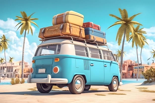 Vacances d'été à la plage Concept de voyage en voiture rendu 3d