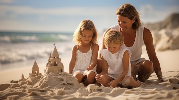 Des vacances familiales joyeuses sur la plage une famille avec des enfants profitant du soleil et du sable