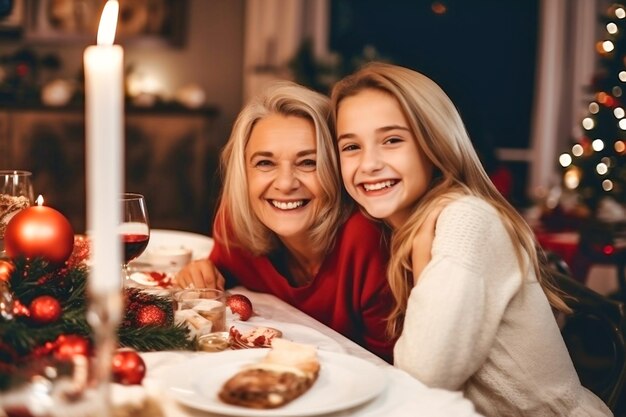 Vacances d'hiver et concept de personnes grand-mère avec sa petite-fille à la table célèbre Noël et le nouvel an Vacances à la maison Arrière-plan flou Mise au point sélective